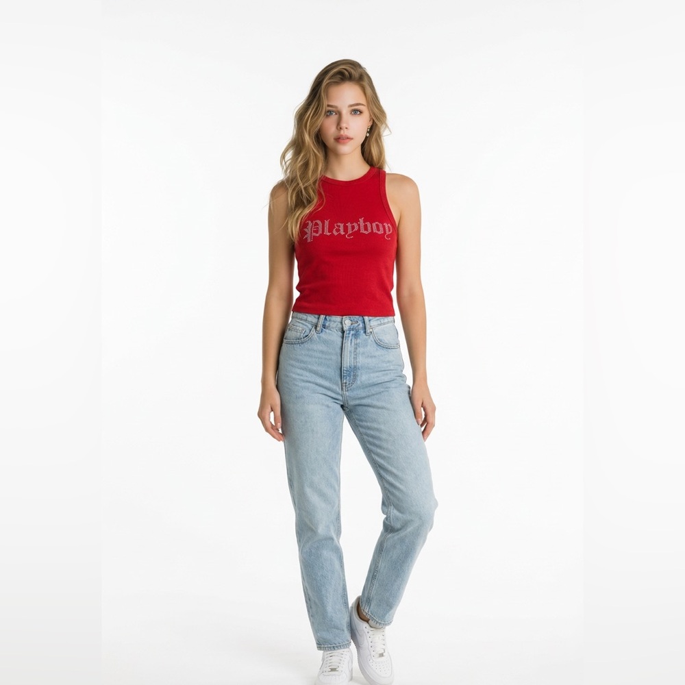 PLAYBOY Red Ribbed Crystal Logo Tank Top - Picture 2 of 4